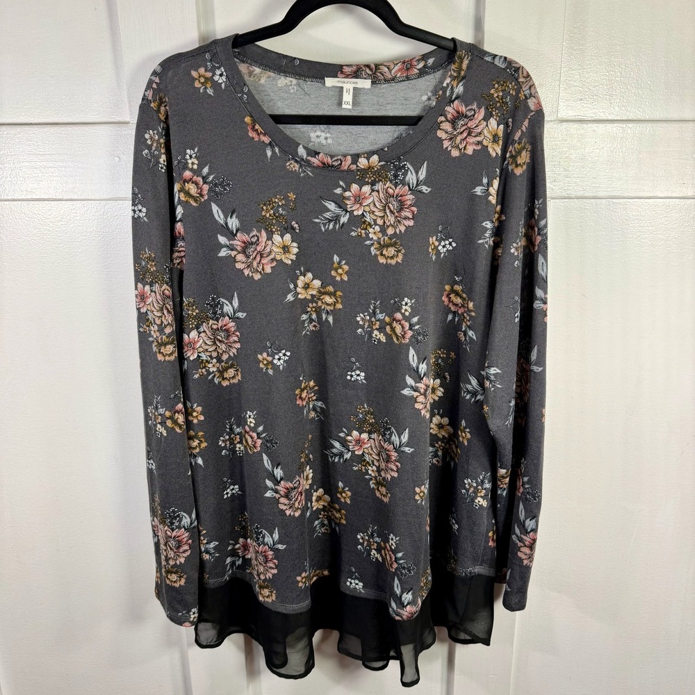 maurices Floral Print Long Sleeve Tunic Top Women's Size XXL Black‎ Sheer gray